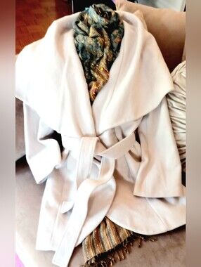 Tahari Cream Belted Wrap Coat with Shawl Collar